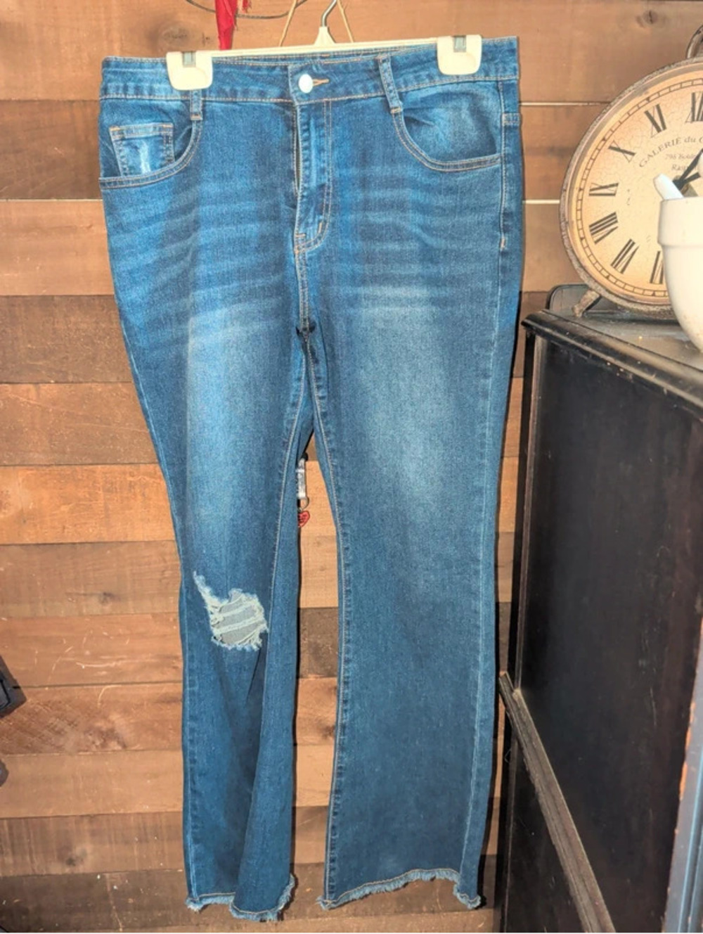 Dark distressed wide leg denim